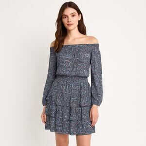 NWT Michael Kors Floral Paisley Off Shoulder Smocked Dress M Navy Coral Tiered